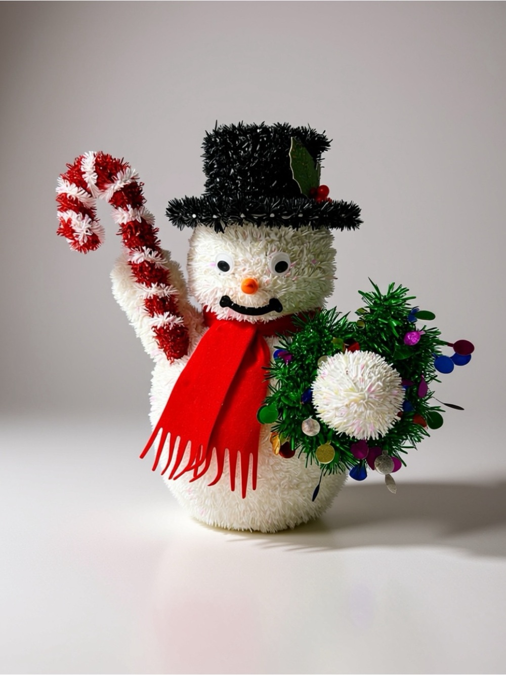 Festive White Snowman Figurine with Red Scarf and Candy Cane - Holiday Decor